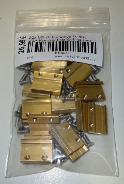 20 Schienenverbinder, V2A Kreuzschlitzschrauben Spur G, Messing, 19mm